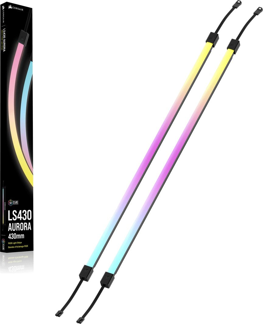 Sammenleggbar tredemølle LED lys stripe RGB Corsair LS430 med synlige ledninger og eske til venstre.