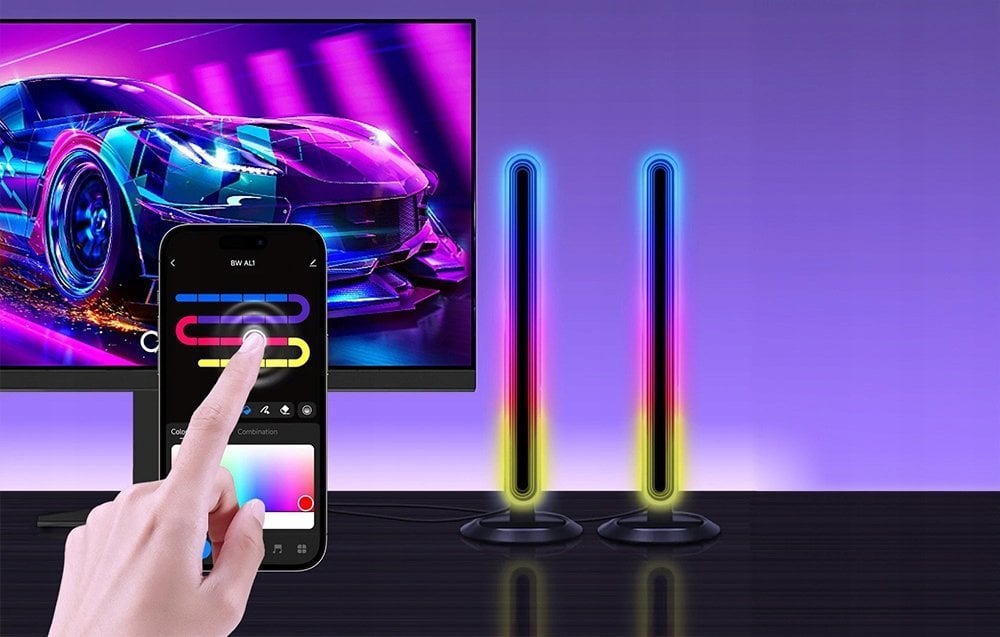 Tredemølle hjemme Lampe RGB Med Lydsynk og fjernkontroll, to LED-lys foran TV, styrt via mobilapp.