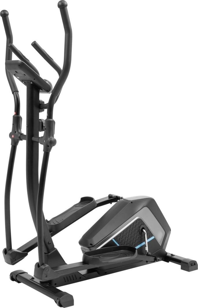 Ellipsemaskin Trening i sort og grått med store håndtak, brede fotplater og blå stripe på kontrollpanelet.