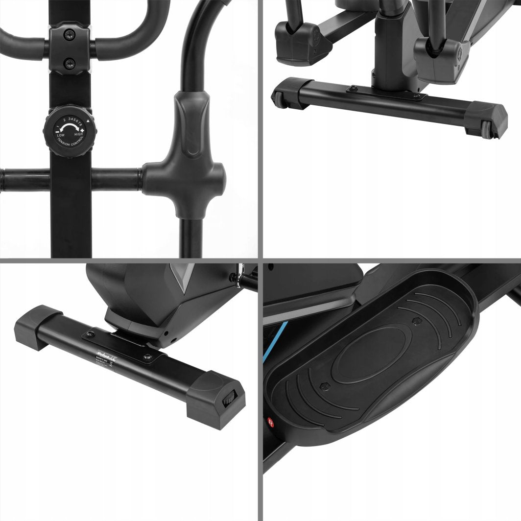 Ellipsemaskin med nærbilder av motstandsjustering, støttebein, fotplate med mønster og håndtak i sort plast og metall.