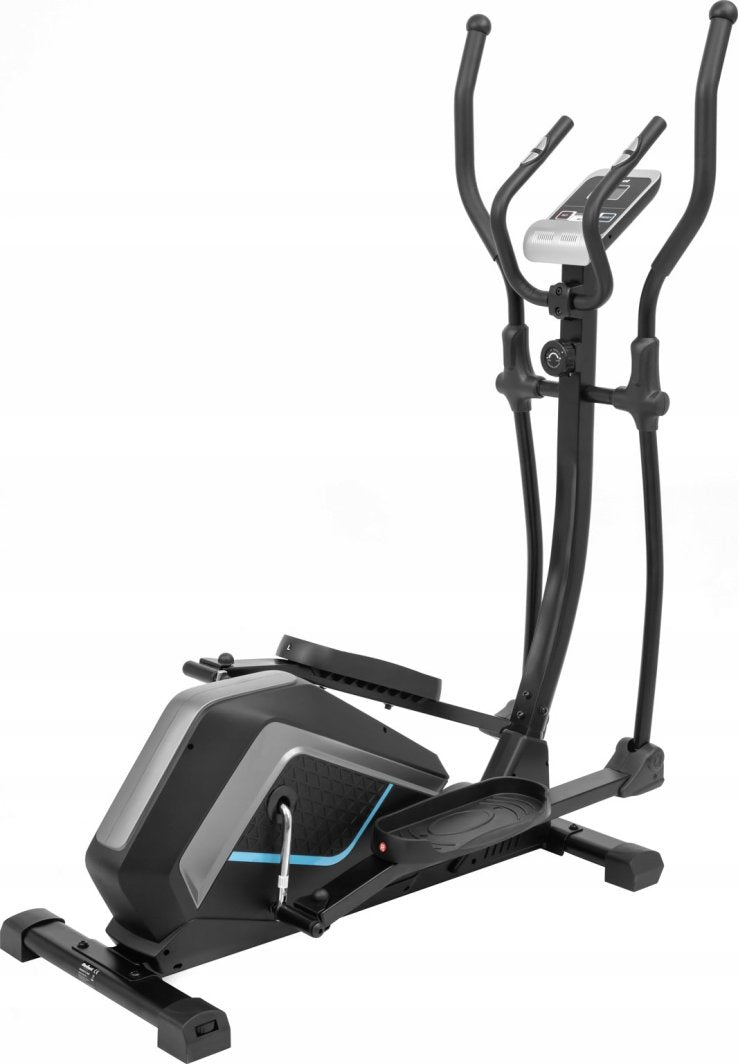 Ellipsemaskin Trening i sort med grå og blå detaljer, vist fra skrå vinkel med display, håndtak og pedaler.