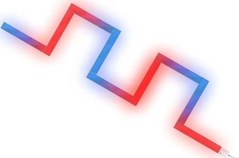 Walking Pad LED panel RGB veggsett med siksak-formet lyslist i rødt og blått, sett ovenfra.