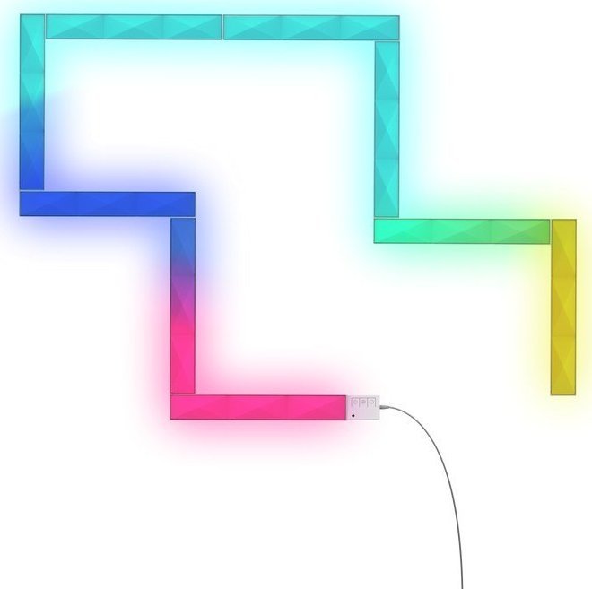 Tredemølle hjemme LED panel RGB veggsett med ni rektangulære paneler i sikk-sakk mønster og gradientfarger.