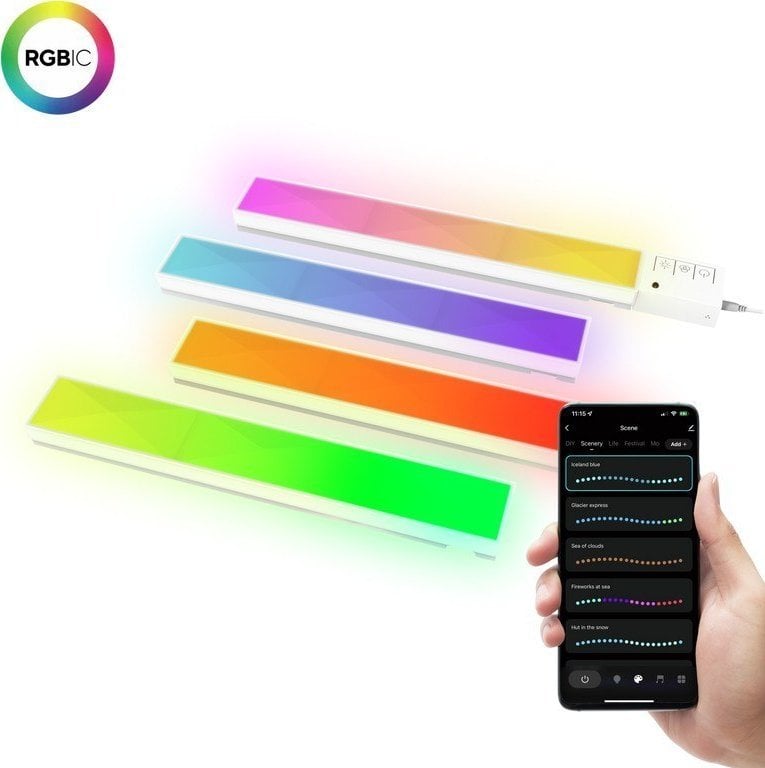 Walking Pad LED panel RGB Veggsett med fire lysende paneler og mobilapp for styring, sett skrått ovenfra.