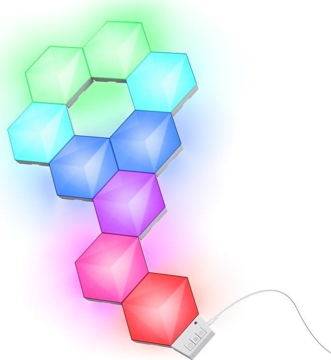 Tredemølle Lyspanel RGB Hexagon med 9 LED-moduler i ulike farger, sett ovenfra med ledning og kontroller.