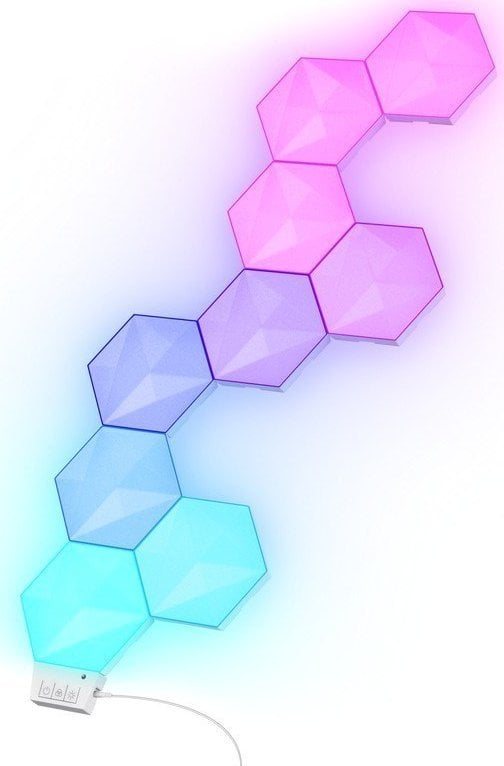 Tredemølle Lyspanel RGB Hexagon med åtte lysende moduler i blått, lilla og rosa, sett ovenfra.