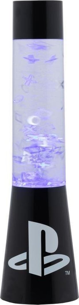 Tredemølle PlayStation LED-gel lampe 33cm med sort sokkel, lilla lys og glittereffekt.