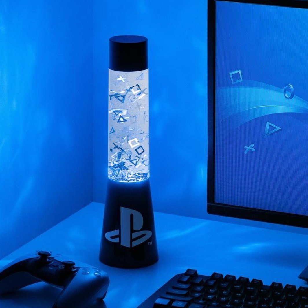 Sammenleggbar tredemølle lampe PlayStation LED-gel 33cm med glitter og ikoner på skrivebord.
