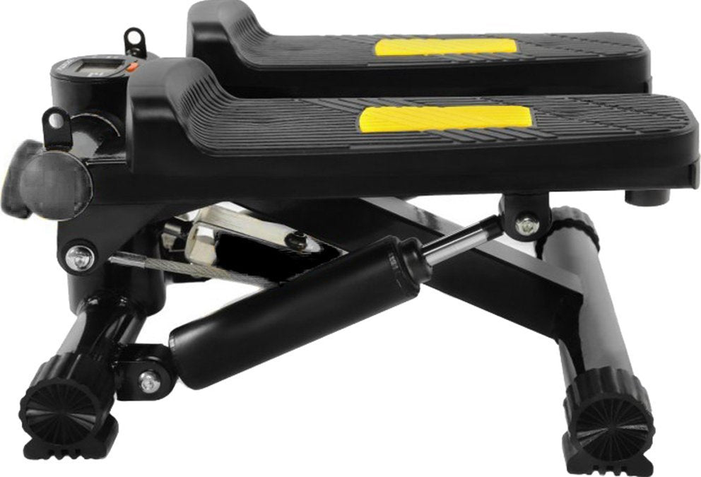 Mini Stepper med vrifunksjon, treningsstrikker og LCD-teller vist fra siden på hvit bakgrunn.