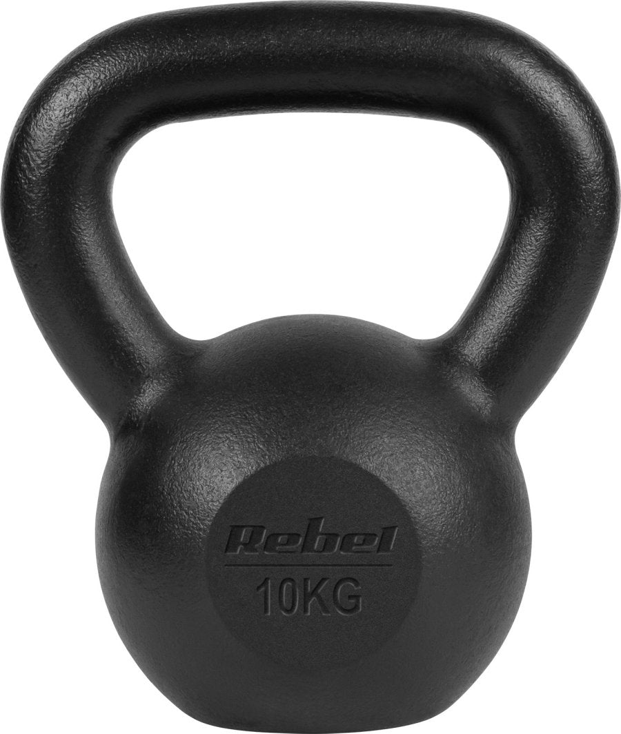 Styrketrening Hjemme sort kettlebell i støpejern, 10 kg, matt overflate og robust håndtak sett forfra.