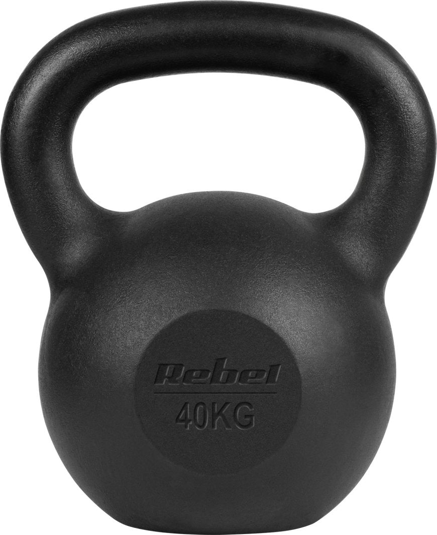 24kg Kettlebell i sort matt støpejern, sett forfra med preget "40 KG" og Rebel-logo på kulen.