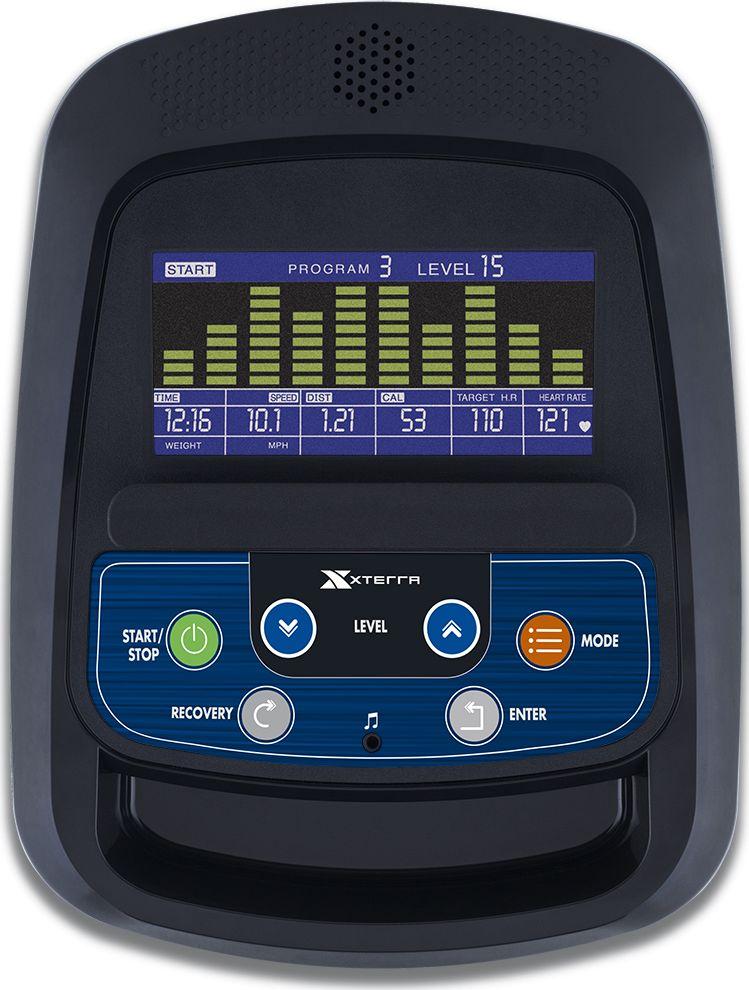 Orbitrek kontrollpanel med svart og blå plast, display viser hastighet, distanse og puls, sett rett forfra.