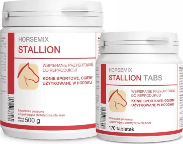 Hestefôr for avlshingster, to hvite bokser med rød og grå tekst, illustrasjon av hest, 500 g og 170 tabletter.