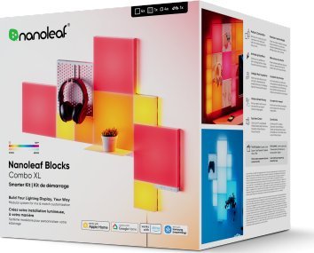 Tredemølle Nanoleaf Blocks Combo startsett eske med fargerike LED-paneler avbildet i perspektiv.