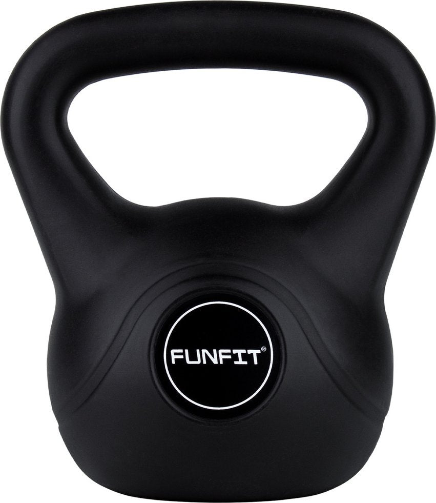 Kettlebells 8kg sort med stort ergonomisk håndtak, rund hvit og sort logo foran, sett rett forfra.