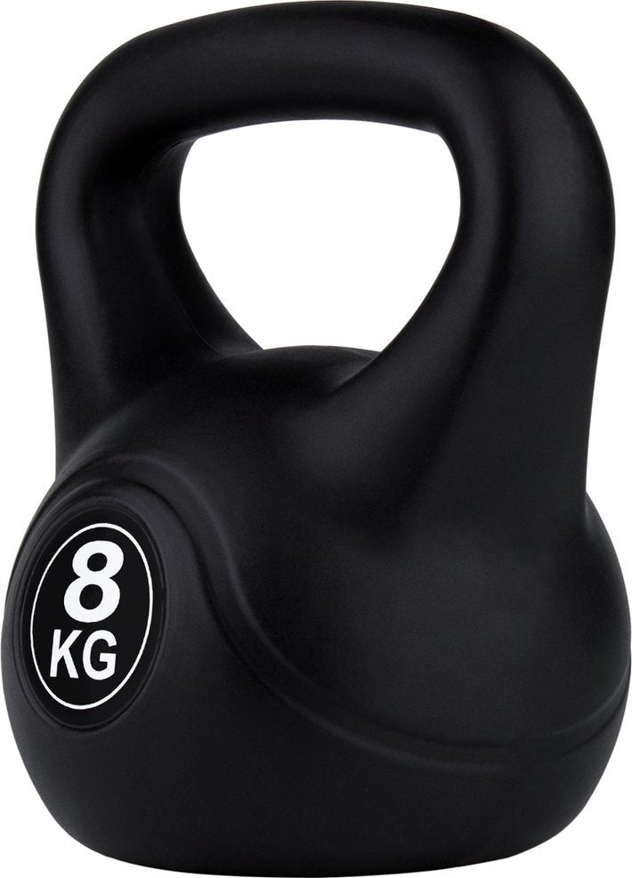 Styrketrening Hjemme sort kettlebell 8 kg med ergonomisk håndtak, vektmarkering synlig fra skrå vinkel.