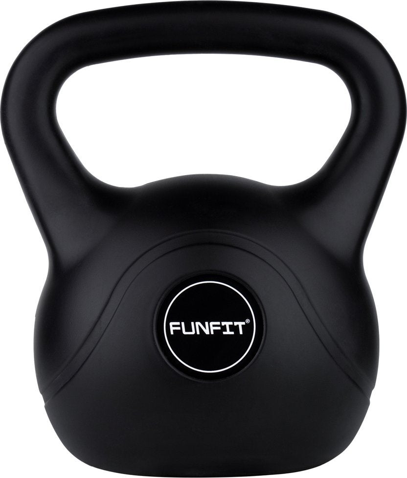Kettlebells 20 kg i sort plast med bredt håndtak og hvit "FUNFIT"-logo synlig på forsiden.