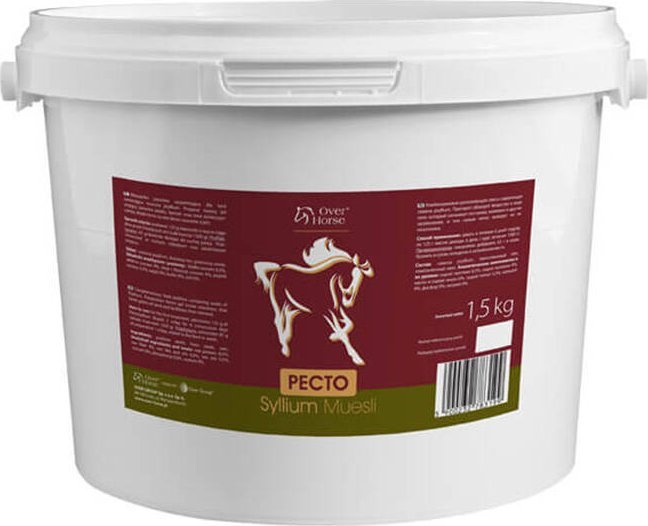 Hestefôr i hvit plastbøtte med burgunder og grønn etikett, illustrasjon av hest, 1,5 kg kapasitet.