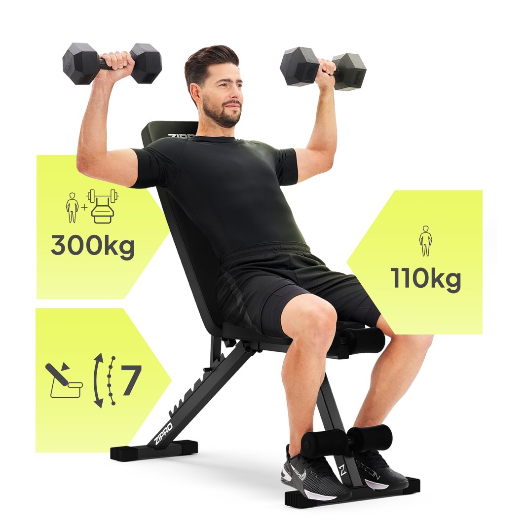 Multifunksjonell Treningsbenk i svart med polstring, person trener med manualer, grafikk viser syv nivåer.