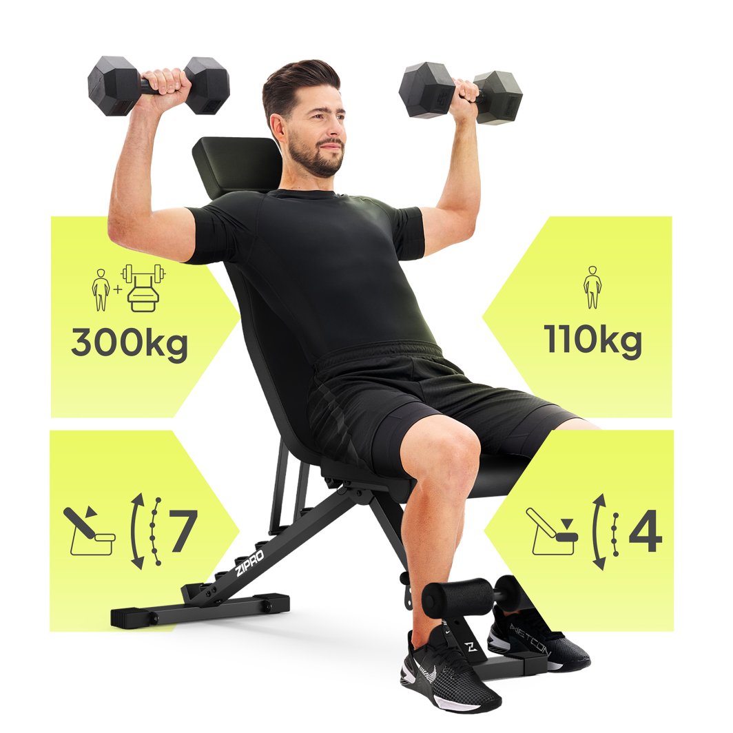 Sammenleggbar Treningsbenk i sort med justerbar rygg, mann løfter manualer, grafikk viser kapasitet og justeringer.