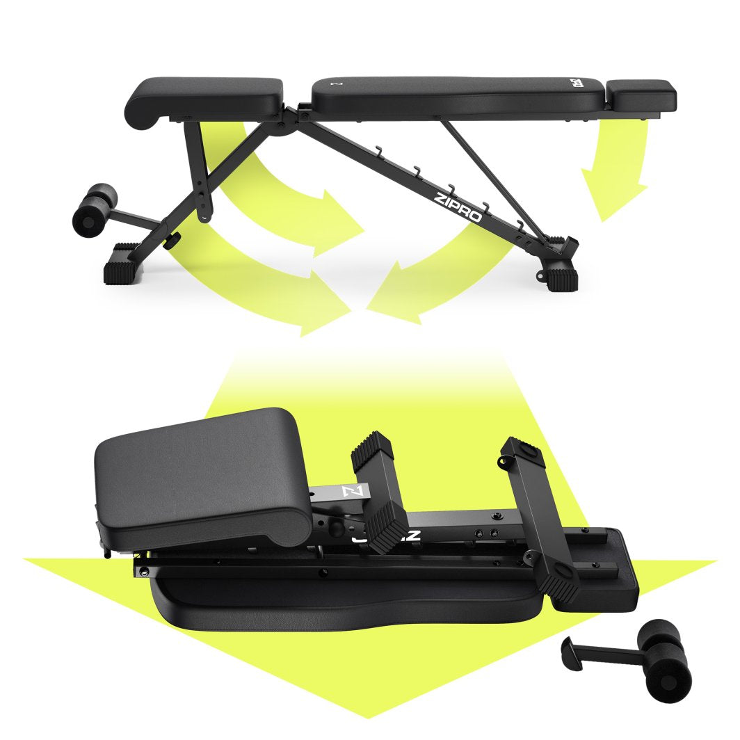 Sammenleggbar Treningsbenk i svart metall med justerbar rygg og sete, vist både oppslått og sammenlagt.