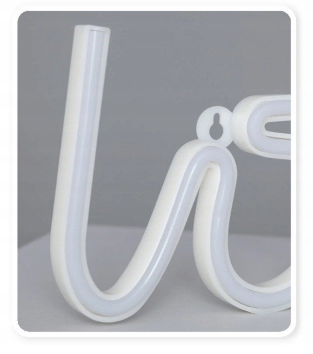 Sammenleggbar tredemølle neonskilt HOME i hvitt LED-rør med opphengshull, sett fra siden.