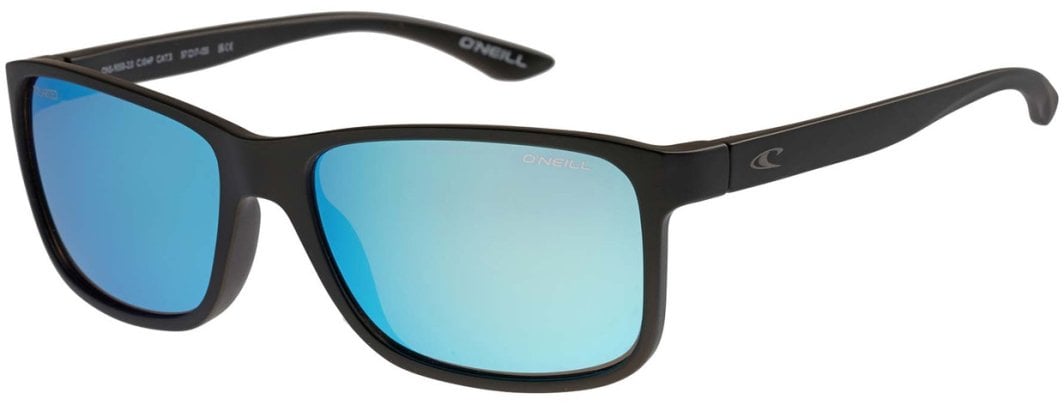 Polariserte Solbriller med blå-speilende rektangulære glass, matt svart innfatning og O'Neill-logo på stang og glass.