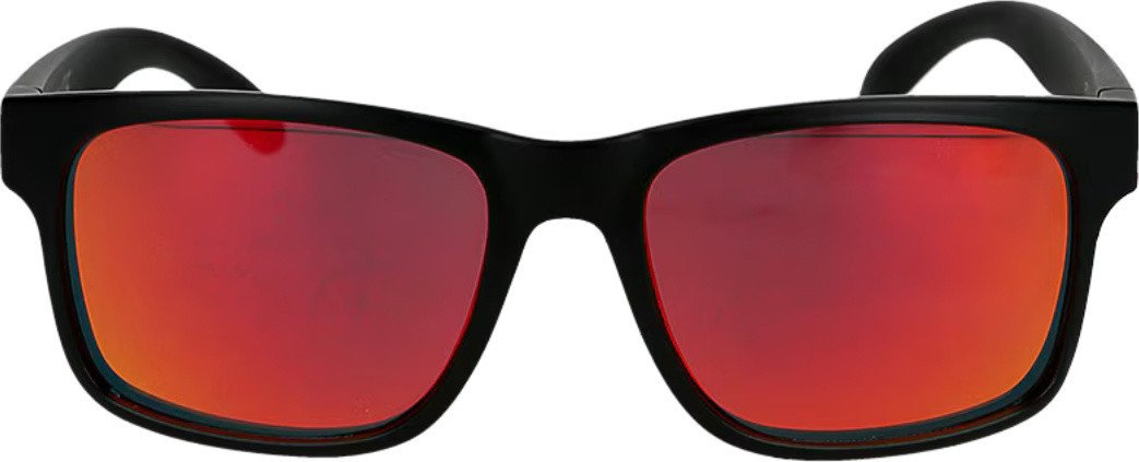 Solbriller med sort innfatning og røde, rektangulære speilglass, sett rett forfra mot hvit bakgrunn.