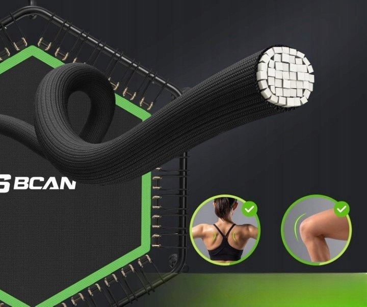 Liten Trampoline med detaljert nærbilde av svart treningsstrikk, grønnkantet sekskantet trampoline og brukseksempler.