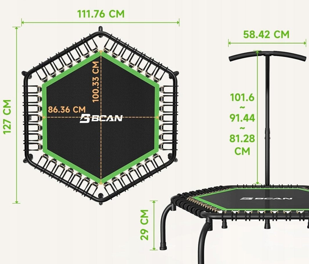 Minitrampoline med sekskantet svart ramme, grønn kant, justerbart T-håndtak og mål markert i lysegrønt.