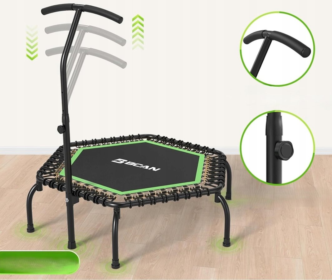 Trampoline med sort ramme, grønn kant, seks ben og justerbart håndtak, vist fra skrå vinkel med detaljbilder.