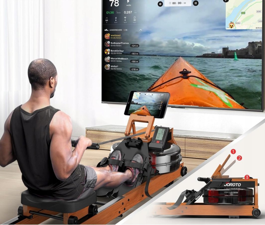 Treningsapparat Hjemme romaskin i tre og metall, mann ror, skjerm viser treningsdata, vannmotstand godt synlig.