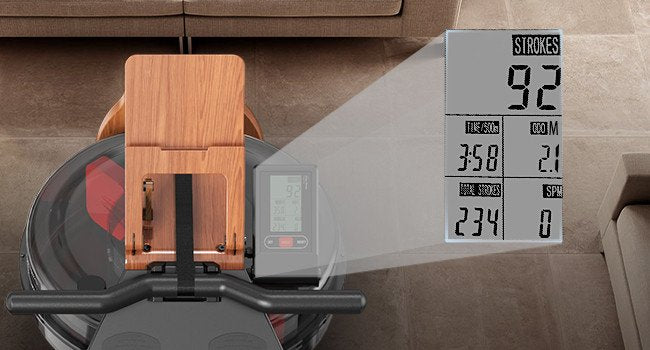 Romaskin Sammenleggbar med vannmotstand, sett ovenfra, skjerm med treningsdata og stativ for nettbrett i tre.