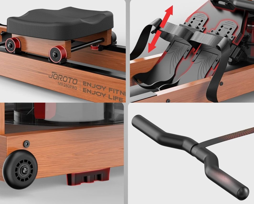 Treningsapparat Hjemme med nærbilder av sete med hjul, fotstøtter med stropper, transporthjul og sort håndtak.