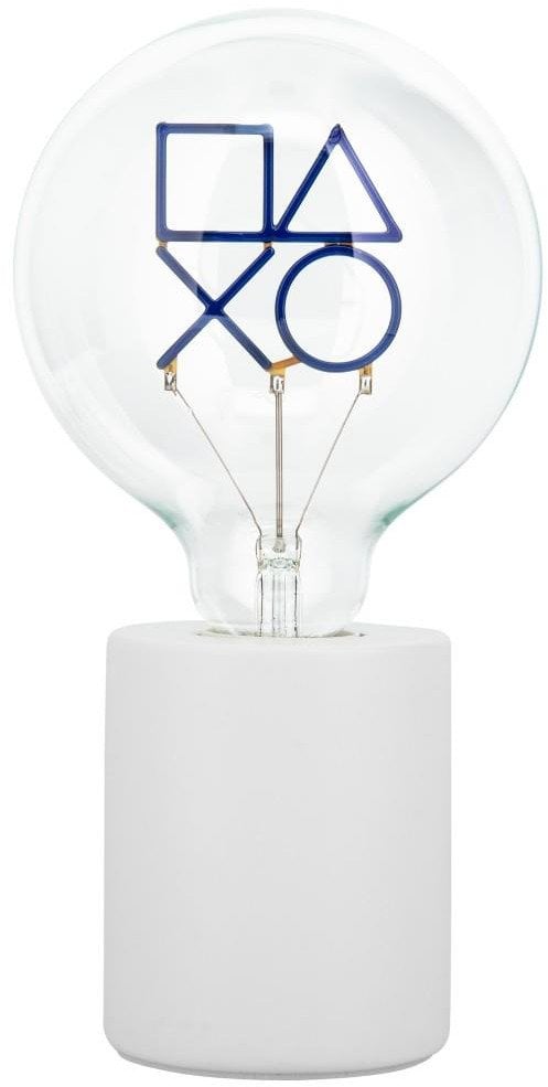 Sammenleggbar tredemølle lampe PlayStation LED-neon blå bordlampe på hvit sylinderformet sokkel.