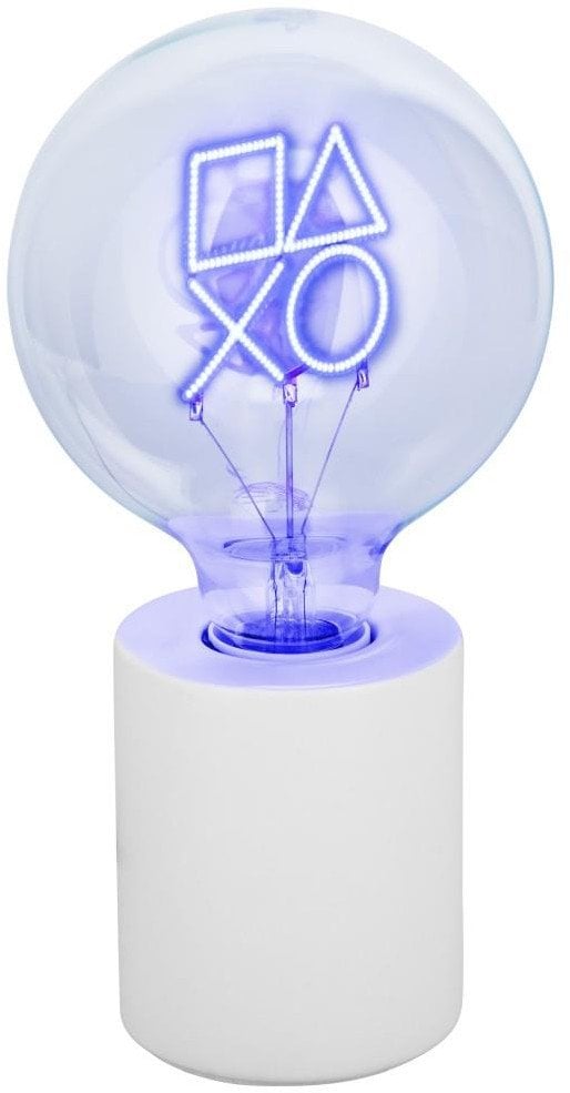 Tredemølle lampe PlayStation LED-neon med blått lys og hvit sokkel, sett forfra mot hvit bakgrunn.
