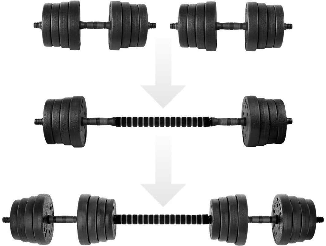 Dumbbells hantler 30kg justerbart sett vist fra siden, koblet med stang til vektstang, flere vektskiver synlige.
