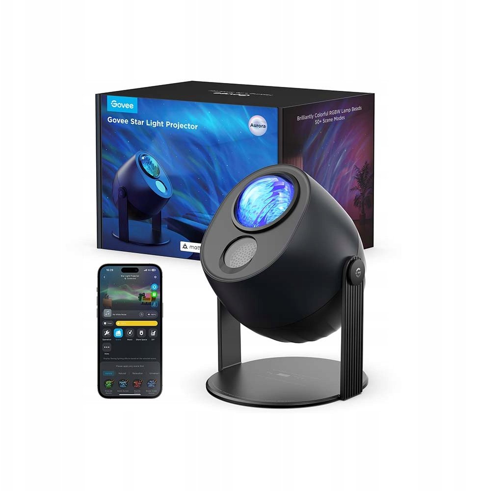 Tredemølle Stjernehimmel Projektor med nordlys-effekter, sort modell med app og original emballasje.