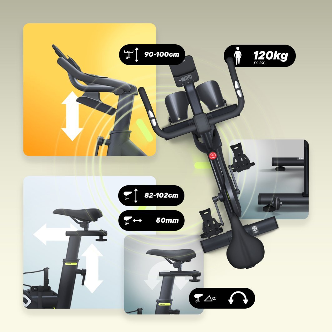 Spinningsykkel i sort med justerbare håndtak og sete, viser målangivelser og maks brukervekt på 120 kg.