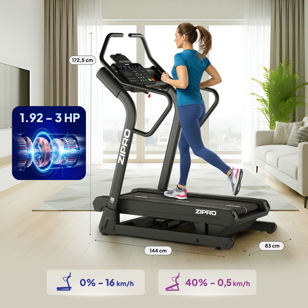 Tredemølle 16km/t, Stigning –5–40 %, Løpeflate 46x120cm Zipro Shred