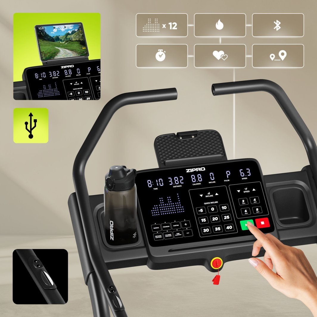 Tredemølle 16km/t, Stigning –5–40 %, Løpeflate 46x120cm Zipro Shred