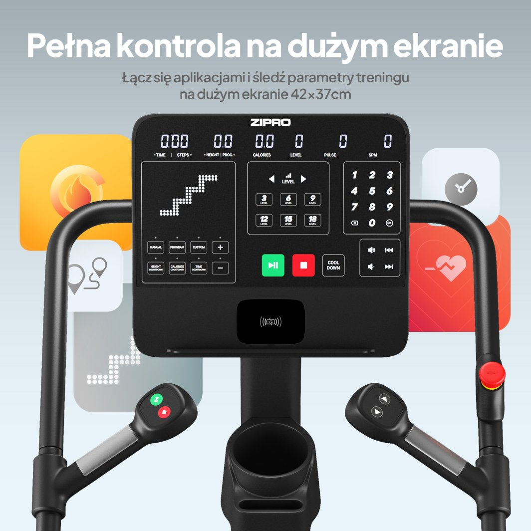 Stepmaskin med stort sort kontrollpanel, digitale målere, knapper, talltastatur og to håndtak foran.