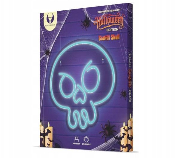 Tredemølle neonskilt Graffiti Hodeskalle turkis i gaveeske med lilla bakgrunn og spindelvev.