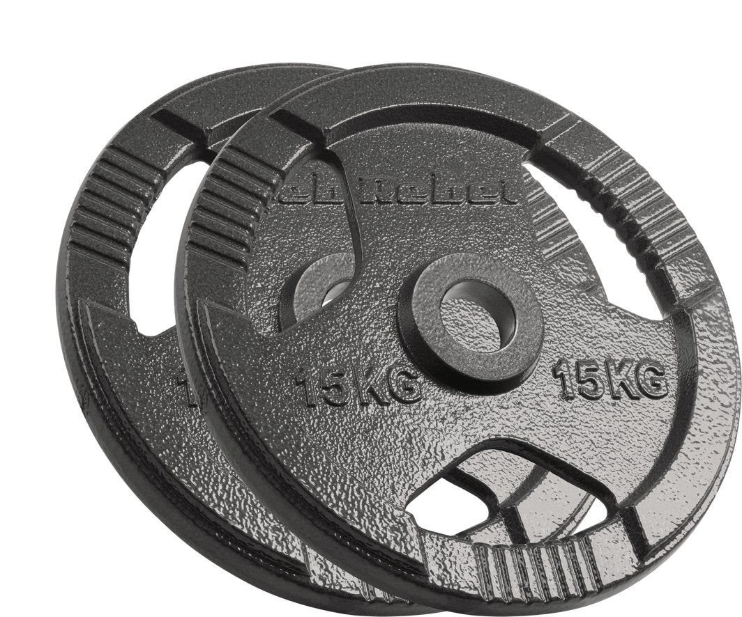 Vektskiver 50mm i støpejern, to 15 kg skiver med håndtak og tydelig vektmerking, sett fra siden.