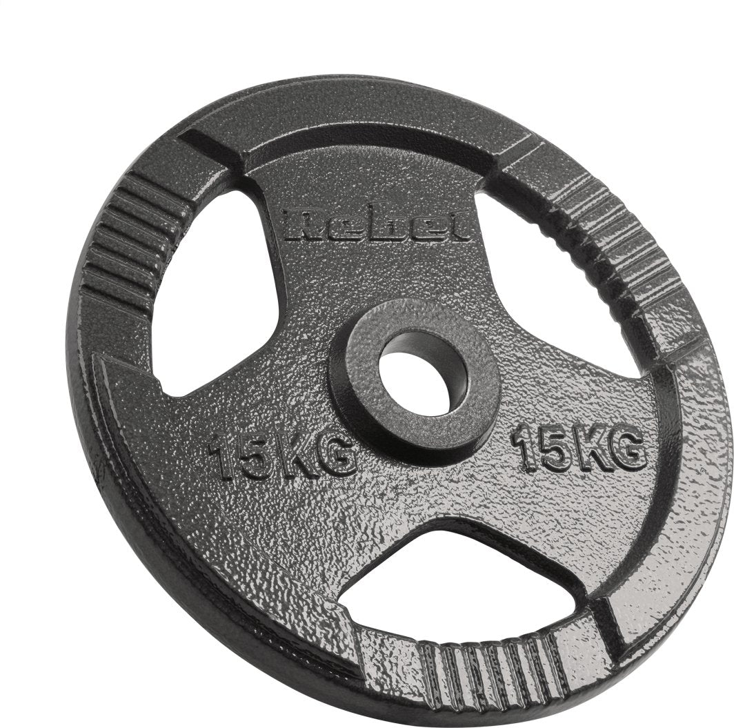 Vektplater på 15 kg i støpejern med 51 mm hull og håndtak, plassert side om side mot hvit bakgrunn.