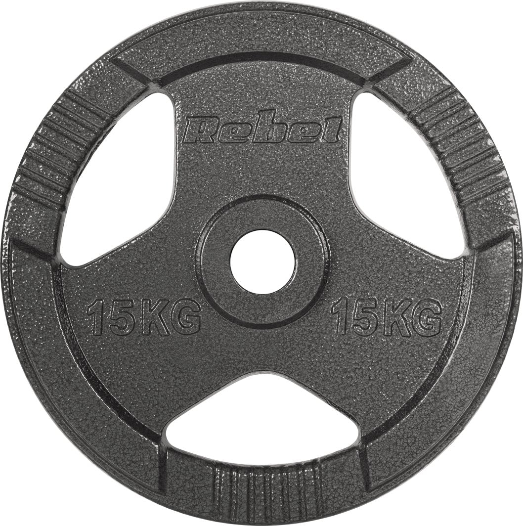 Vektskiver på 15 kg hver i støpejern med håndtak og 51 mm hull, plassert side ved side mot hvit bakgrunn.