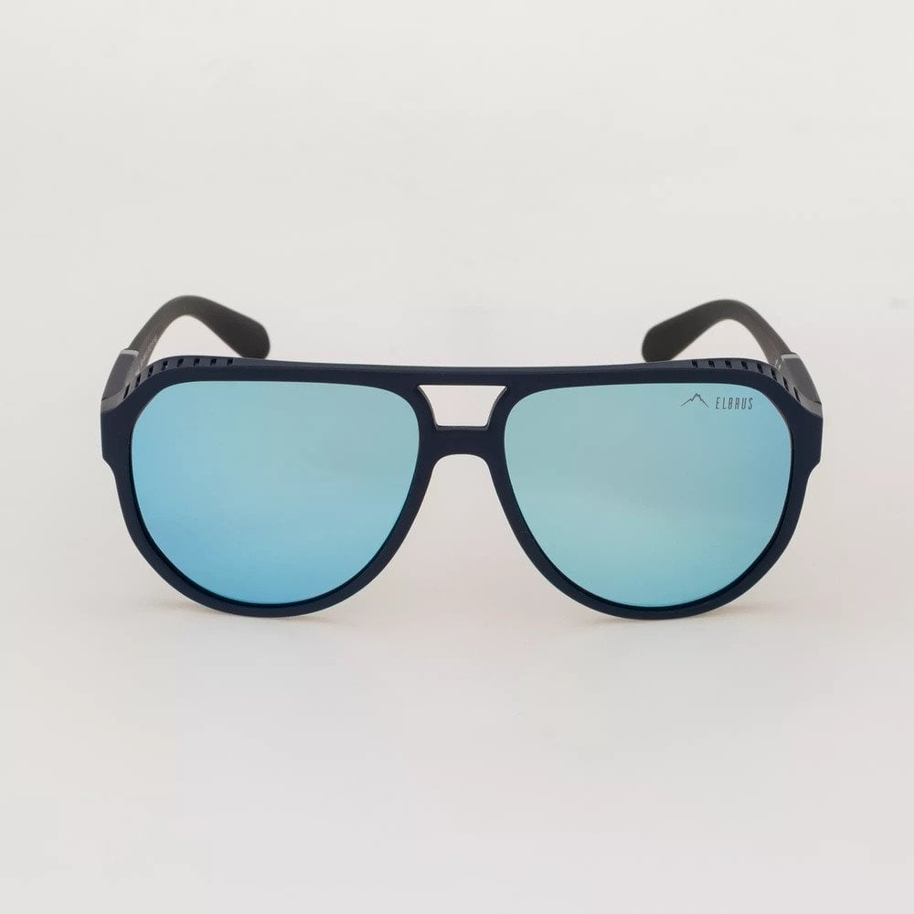 Sportsbriller med blåspeilede glass og mørk blå plastinnfatning, sett forfra, logo på høyre brilleglass.