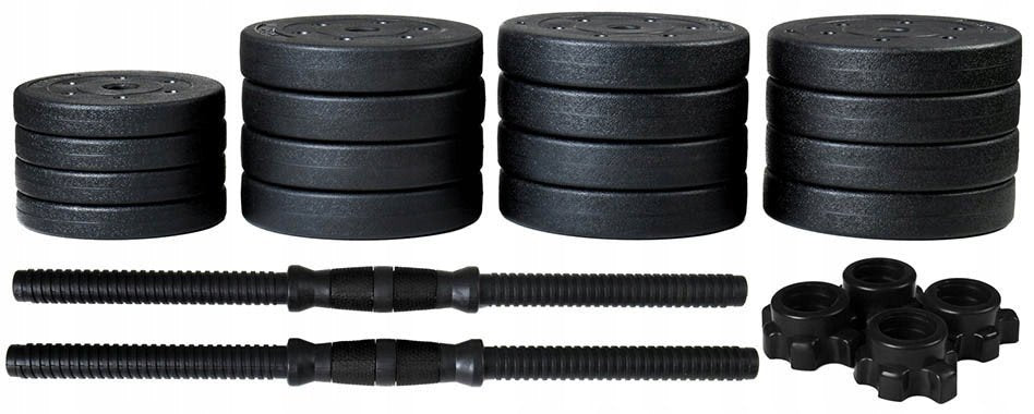 Justerbare manualer på 40 kg, sett med to hantler à 20 kg hver med bitumenskiver, fra Funfit, vist samlet.