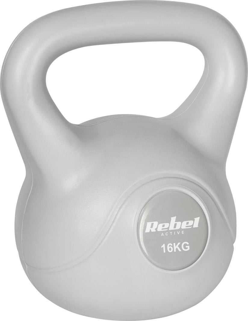 Kettlebell i lys grått belagt materiale, sett fra skrå side med stor bøyle og tydelig 16 kg vektmarkering foran.