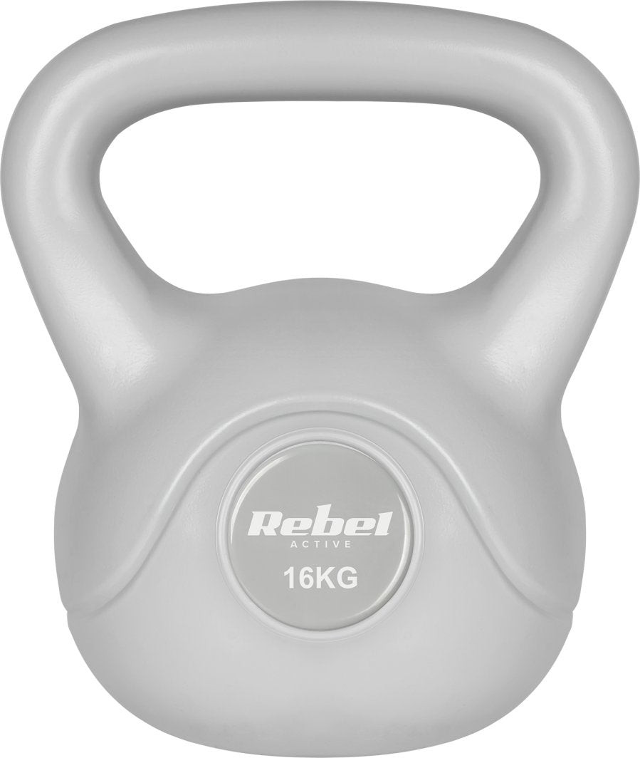 Kettlebell 16 kg grå med stor bøyle, tydelig vektmarkering og Rebel Active-logo synlig på fremsiden.